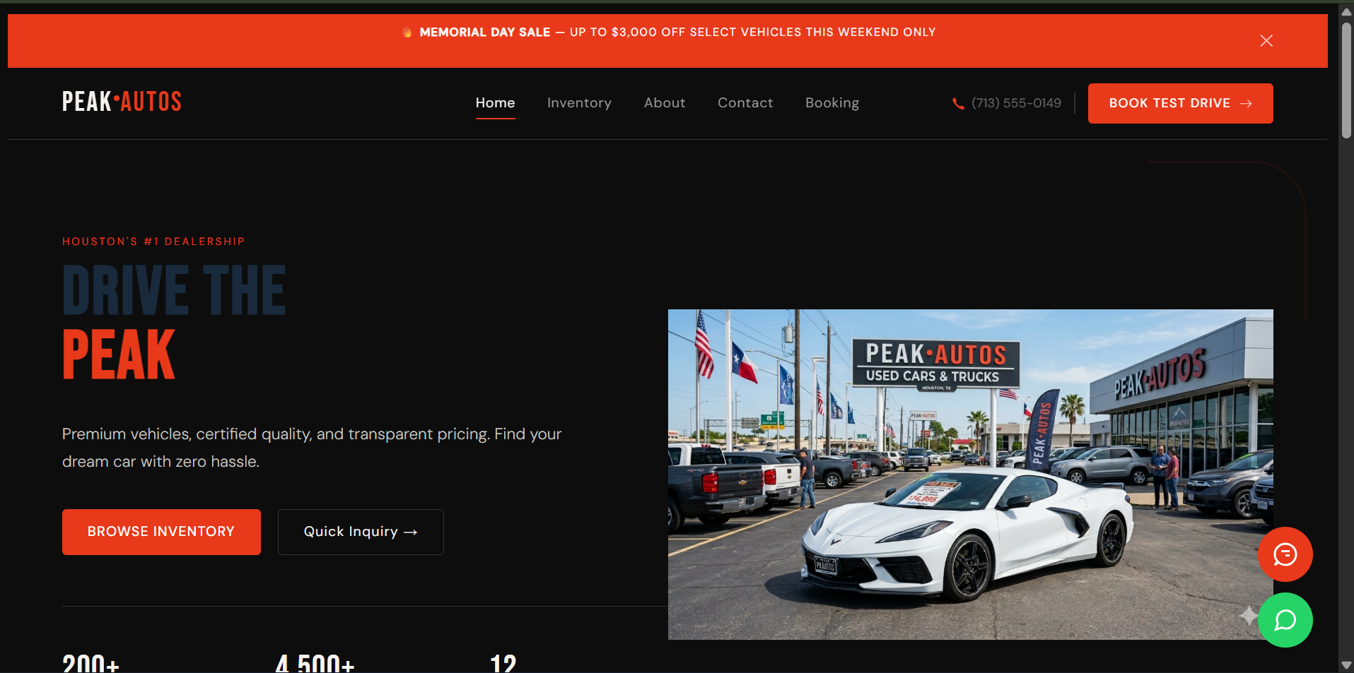 Peak Autos car dealership website homepage